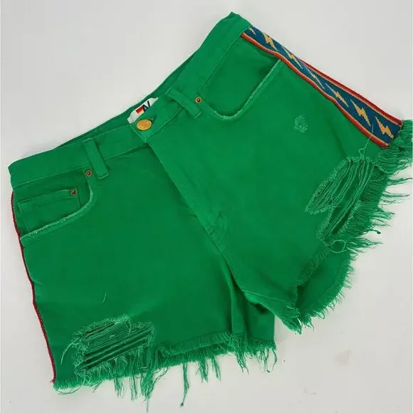 Aviator Nation BOLT STRIPE BOYFRIEND CUTOFF JEAN SHORTS - KELLY GREEN